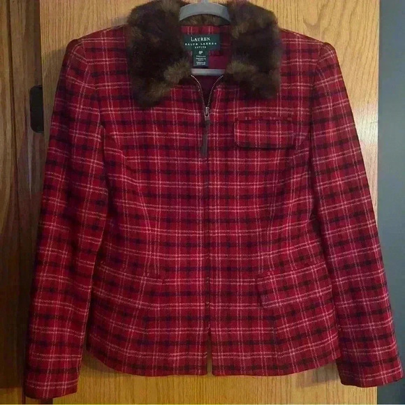 Vintage lauren ralph lauren red plaid faux fur collar jacket women's 8P - Picture 2 of 12